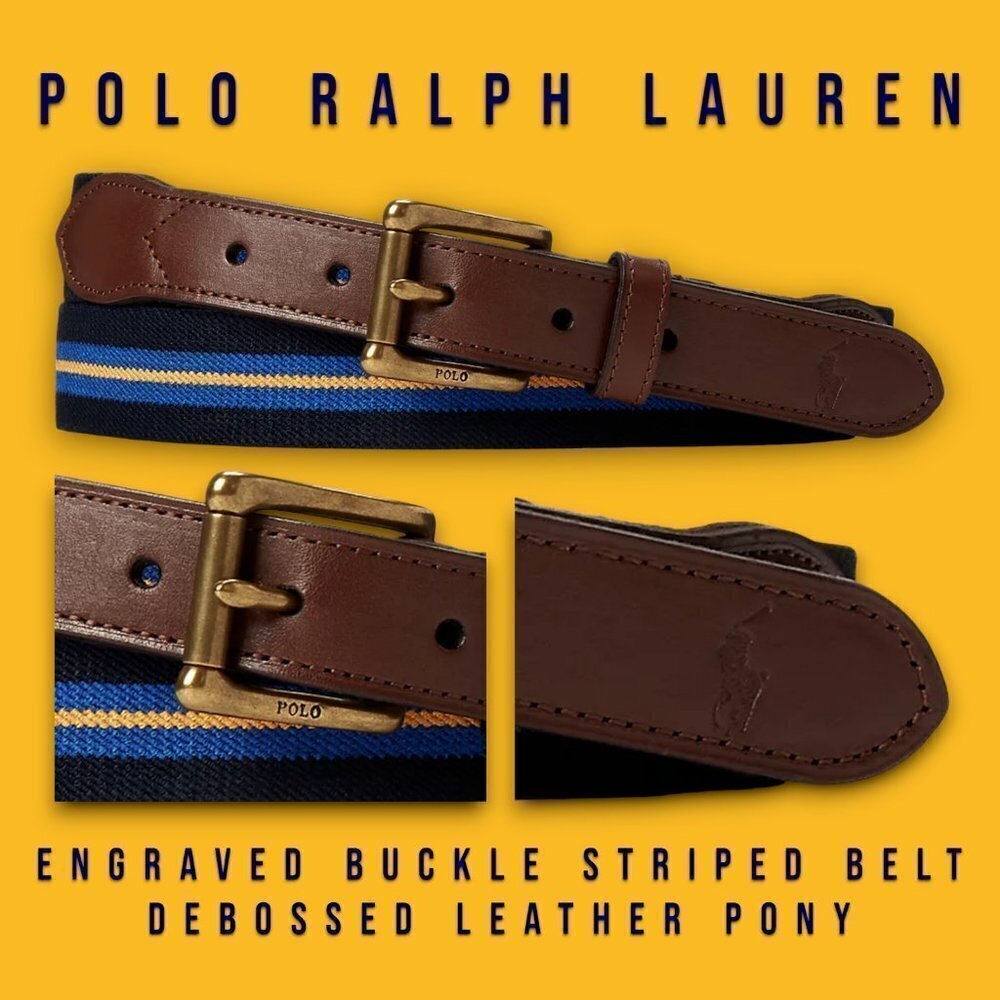 New POLO Ralph Lauren Leather-Trim Striped Belt Size 38